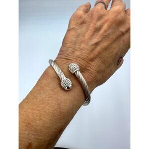 Silver Tone Rope Cuff Bracelet Embossed Crystal Rhinestone Encrusted Ends - 9"